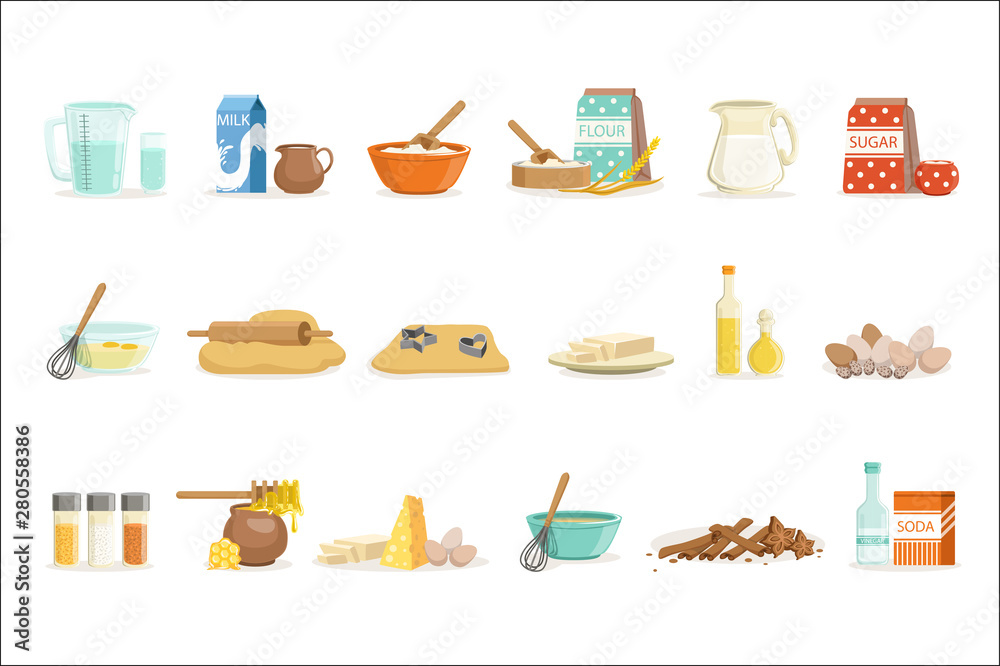 Baking Ingredients And Kitchen Tools And Utensils Set Of Realistic