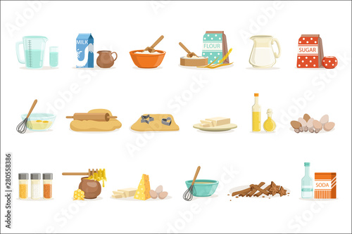 Baking Ingredients And Kitchen Tools And Utensils Set Of Realistic Cartoon Vector Illustrations With Cooking Related Objects