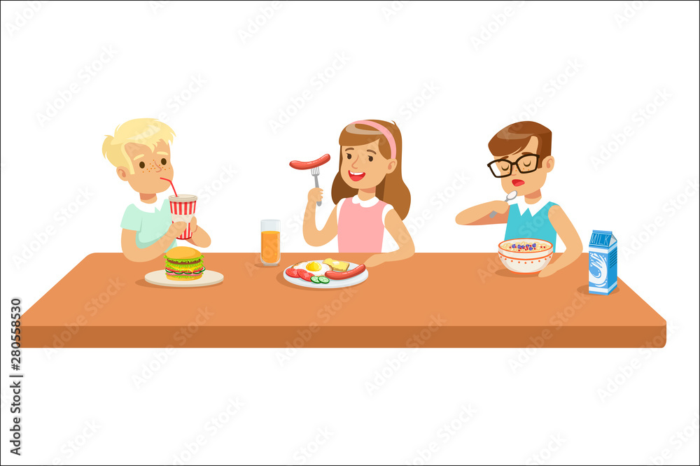 Kids Eating Brekfast And Lunch Food And Drinking Soft Drinks Set Of Cartoon Characters Enjoying Their Meal Sitting At The Table Kids Eating Brekfast And Lunch Food And Drinking Soft Drinks Set Of Cartoon Characters Enjoying Their Meal Sitting At The Table