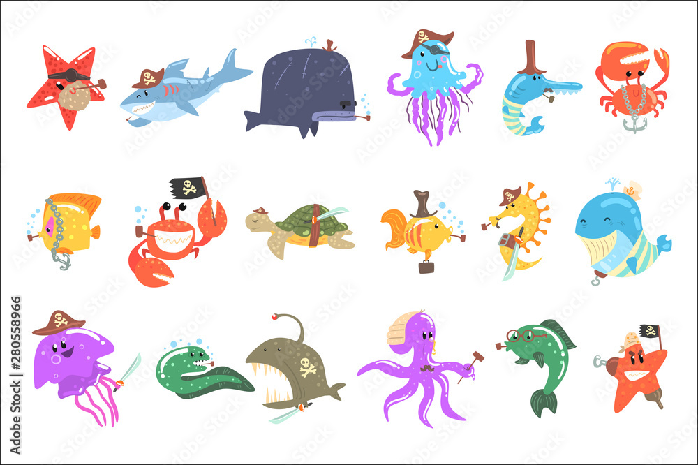Marine Animals And Underwater Wildlife With Pirate Accesories And Attributes Set Of Comic Cartoon Characters