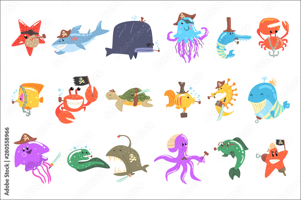 Naklejka premium Marine Animals And Underwater Wildlife With Pirate Accesories And Attributes Set Of Comic Cartoon Characters