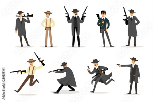 American Mafia Mob Members Of 30s Set Of Cartoon Criminal Mobster Characters