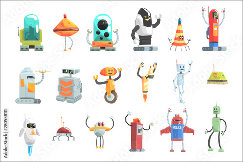 Different Design Public Service Robots Set Of Colorful Cartoon Androids Isolated Drawings