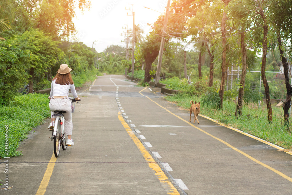 Pretty girl with straw hat is happy riding with bike down wide beautiful park alley with trees around.