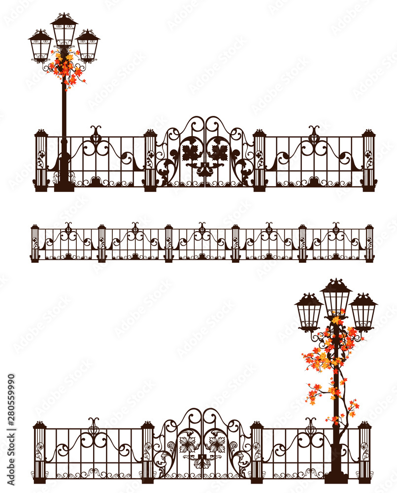 street light and elegant fence with gate and autumn maple branches - fall season urban vector decor set street light and elegant fence with gate and autumn maple branches - fall season urban vector decor set