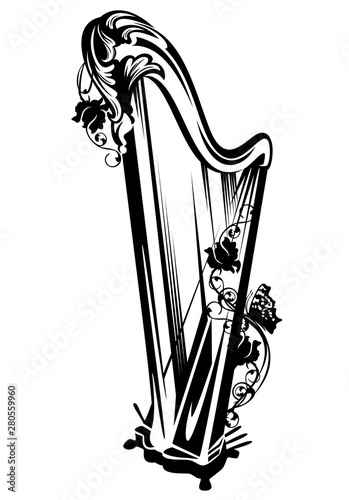 antique harp among rose flowers - classical musical instrument black and white vector design