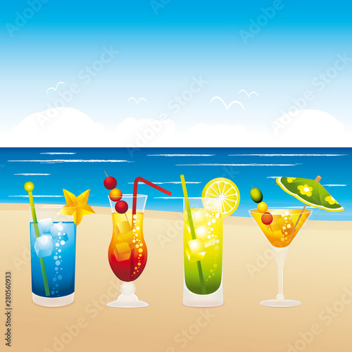 Holidays cocktails on the beach. Vector illustration.