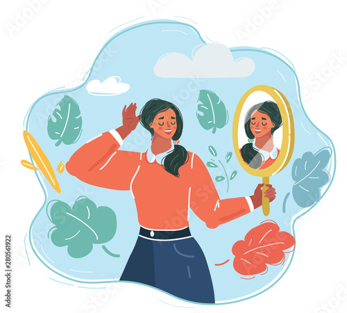 Woman looking at the mirror and see herself.