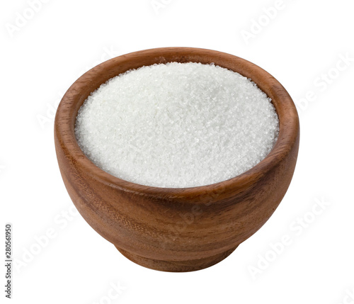 Sugar in wooden bowl isolated on white background