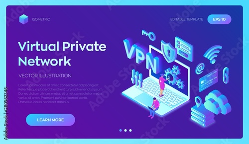 VPN. Virtual private network. Data encryption, IP substitute. Secure VPN connection concept. Cyber security and privacy, Isometric personal data protection. Privacy Protection. Vector Illustration.
