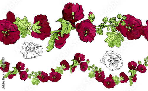 Collection with endless brush,  bouquet and single flowers of burgundy mallow and green leaves. Hand drawn monochrome and colored sketch isolated on white background. photo