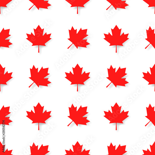 Canadian patriotic seamless pattern with national official colors. White maple leaves repeat in row on red background. Canada republic simple wallpaper design vector illustration. © Sunflower