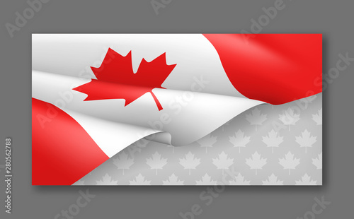 Canadian patriotic horizontal banner with national official colors. Realistic waving canadian flag on grey background. Canada republic day vector card with empty copy space. Independence and freedom