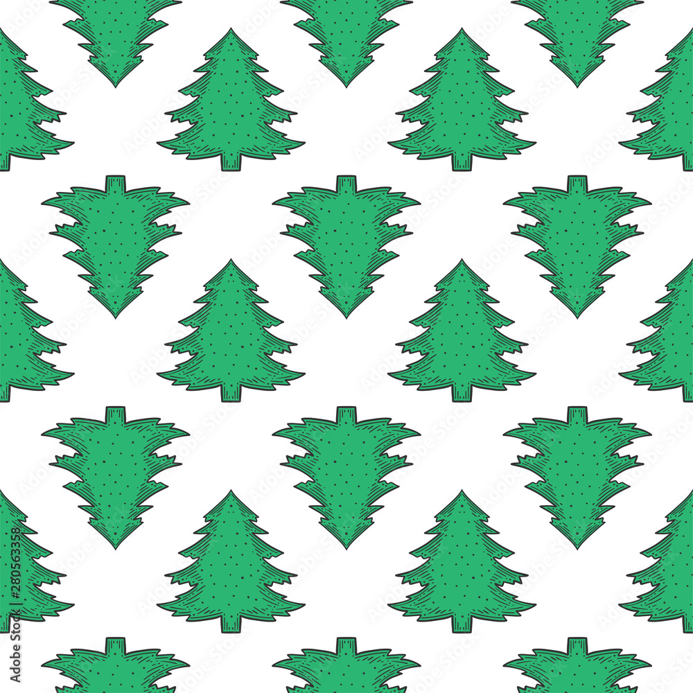 Obraz premium Evergreen pine tree. Vector concept in doodle and sketch style. Hand drawn illustration for printing on T-shirts, postcards. Seamless pattern for textile, paper wrap.