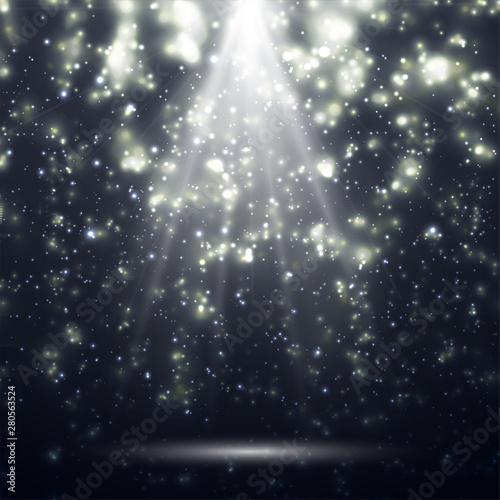 White spotlights. Light Effects. Realistic falling snowflakes. Bright white flashes and glares. Bright rays of light. Glowing lines. Vector illustration.