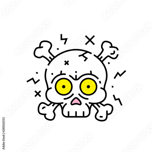 Cartoon skull crossbones line icon. Halloween skeleton head symbol. Vector illustration.