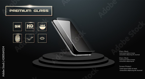 Screen protector Glass. Vector illustration of transparent tempered glass shield for mobile phone. The mobile phone is floating in the air. The phone on the podium