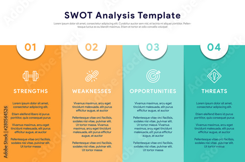 Four colorful elements with text placed inside table. Concept of SWOT-analysis template or strategic planning technique. Infographic design template. Vector illustration.