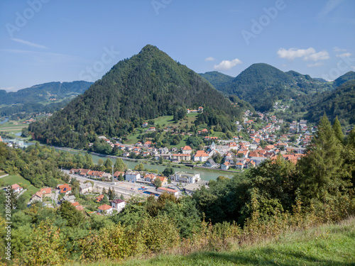 Citty Lasko in Slovenia with hill Hum and castle shot from oposite hill.