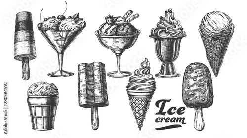 Assortment Frozen Ice Cream Set Vintage Vector. Wafer Cone, Caramel Eskimo Or Chocolate Glaze Sundae With Nuts, Whipped Cream And Fruit Concept. Designed Template Black And White Illustrations