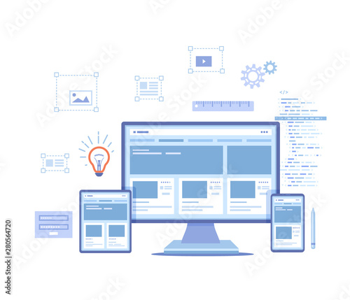 Web Design. Website template for monitor, laptop, tablet, phone. Elements for mobile and web applications. User Interface UI and User Experience UX content organization. Vector illustration on white 