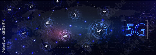 5G network wireless systems and internet of things with modern city skyline. Smart city and communication network concept