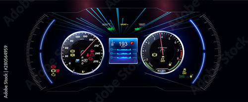 Speed motion background with fast speedometer car. Futuristic  HUD, GUI interface screen design. Sci-Fi virtual reality technology view display. Vector