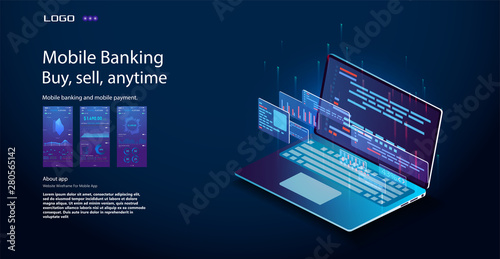 Application of laptop with business graph and analytics data on isometric laptop . Analysis trends and financial strategy by using infographic chart. Online statistics and data Analytics. Vector