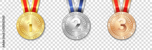 Realistic vector 3d gold, silver and bronze award medal icon set with color ribbons isolated on transparent background. The first, second, third place on sport tournament, victory concept prizes