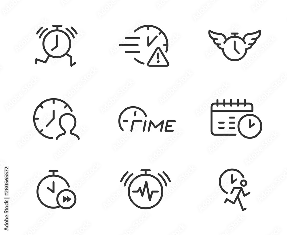 Time stress line icons. Concept of busy schedule, time management, running late, work deadline. Time stress line icons. Concept of busy schedule, time management, running late, work deadline.