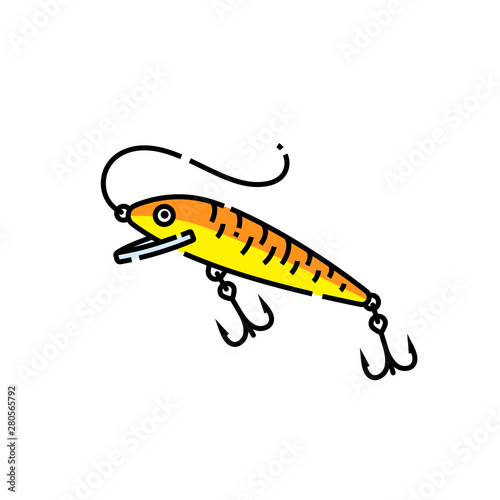 Fishing lure line icon. Orange imitation fish with hooks graphic symbol. Vector illustration.