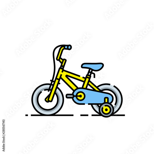 Kids bicycle line icon. Yellow children's bike symbol with safety wheels. Vector illustration.