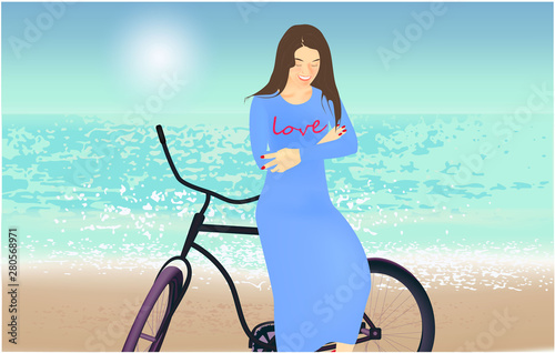 Vector illustration with cheerful girl and bicycle sandy