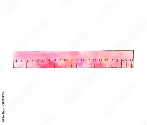 Pink measuring tape or ruler isolated on white background watercolor