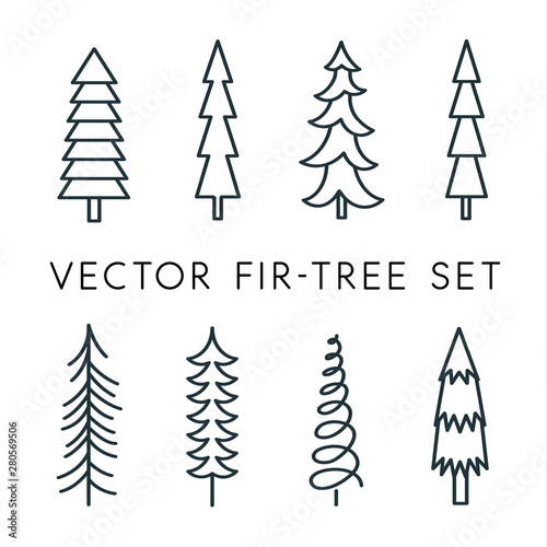 Tree vector icon set. Pine line, linear, outline logo. Isolated nature icons. Simple flat vector illustration for christmass decoration.