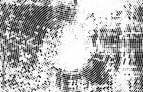 Abstract radial halftone texture. Monochrome background of black dots on white.