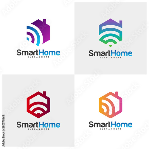 Set of Wifi House Vector Logo. Smart Home Tech Logo Vector. House Net Logo Concept Vector