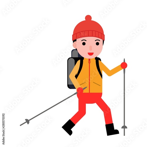 man or boy trekking in winter season, winter character flat style