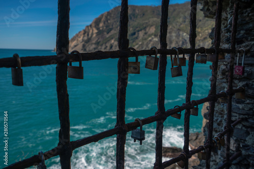 Locks on the beach in Monterosso, Cinque Terre, Italy