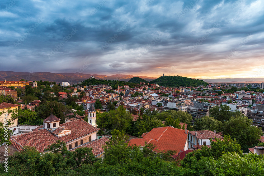 Panoramic aerial summer sunset over Plovdiv - european capital of culture 2019 and oldest living city in Europe, Bulgaria