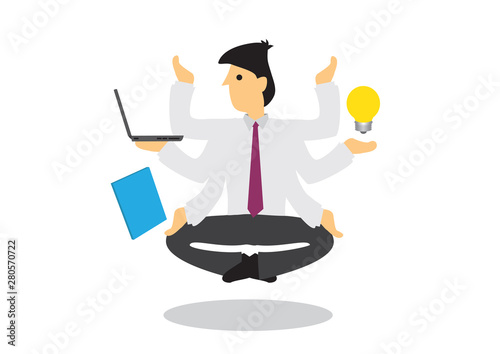 Multi hands businessman guru floating in the air. Concept of corporate multitasking or a business expert.