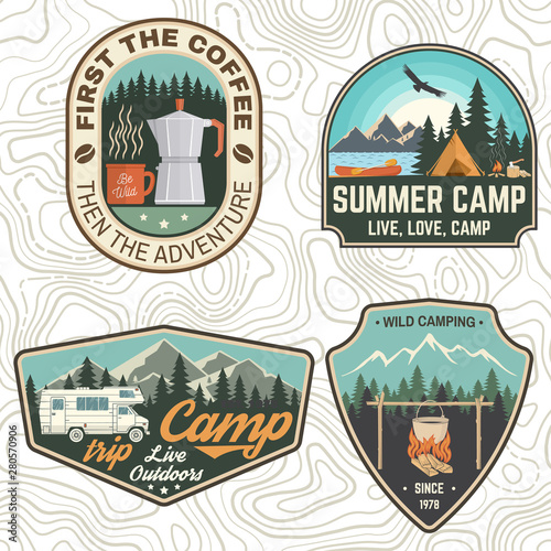 Set of Camping and caravanning club badges. Concept for shirt or logo, print, stamp, patch or tee. Vintage typography design with camp trailer, coffee maker, forest and mountain silhouette.