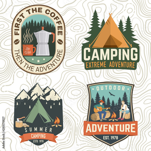 Set of Summer camp patches. Vector. Concept print, stamp, apparel or tee. Vintage design with coffee maker, campin tent, axe, mountain, campfire and forest silhouette