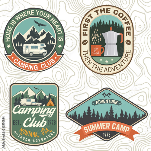 Set of Camping and caravanning club badges. Vector. Concept for logo, print, stamp, patch or tee. Vintage typography design with camp trailer, coffee maker, forest and mountain silhouette.