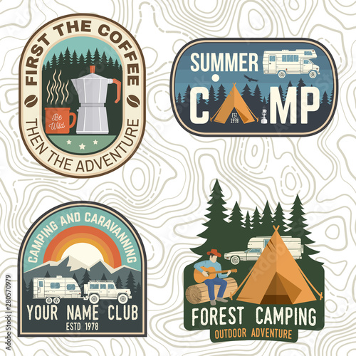 Set of Camping and caravanning club badges. Vector. Concept for logo, print, stamp, patch or tee. Vintage typography design with camp trailer, coffee maker, forest and mountain silhouette.