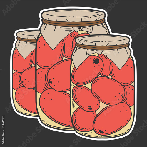 Canned tometoes preserve. Vector concept in doodle and sketch style.
