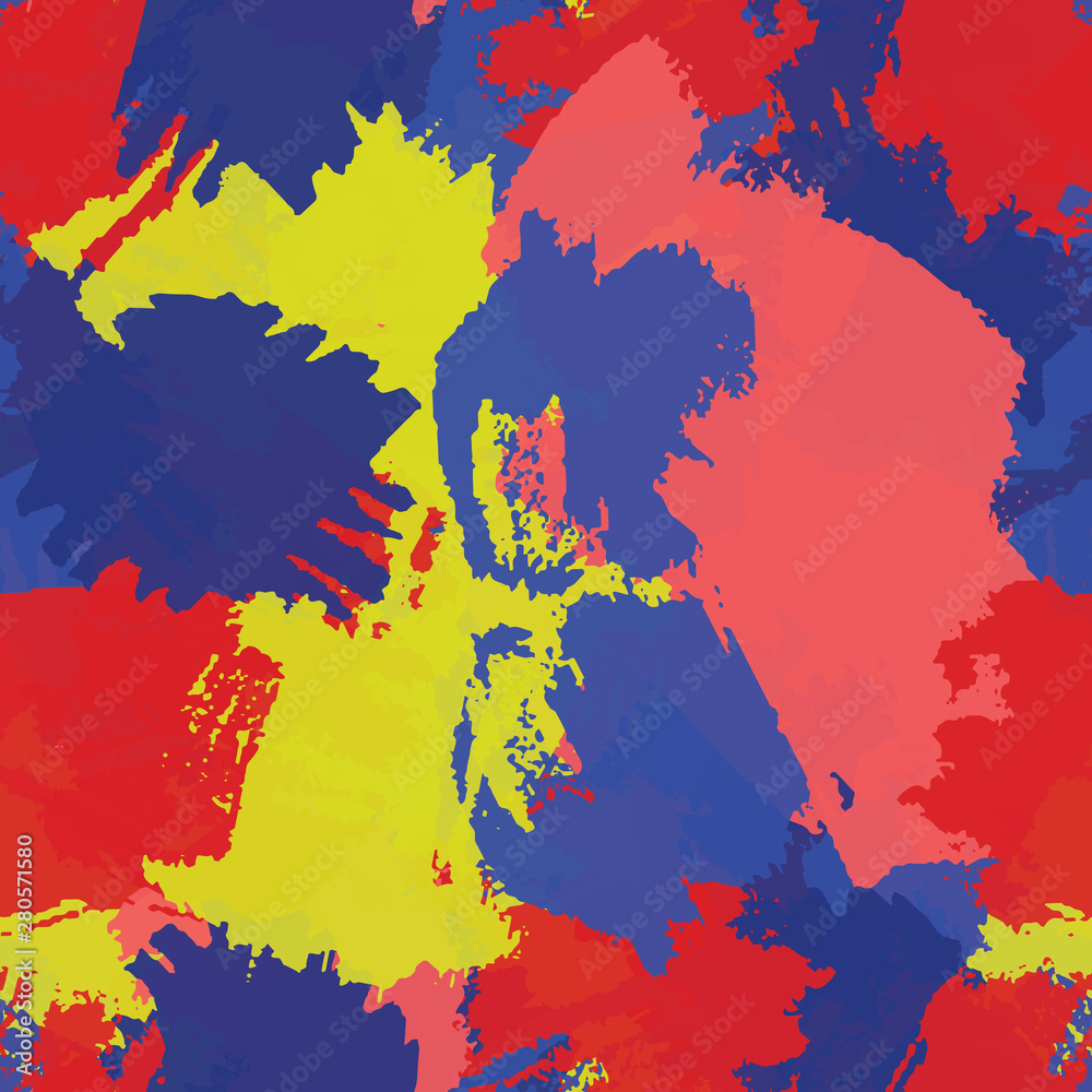 Seamless abstract vector background. Grunge texture blue, red, yellow. Pattern for printing on fabric.