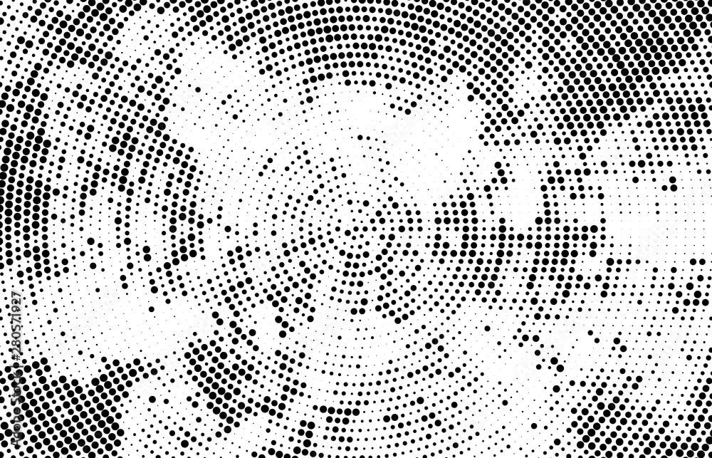 Abstract radial halftone texture. Monochrome background of black dots on white. - obrazy, fototapety, plakaty 