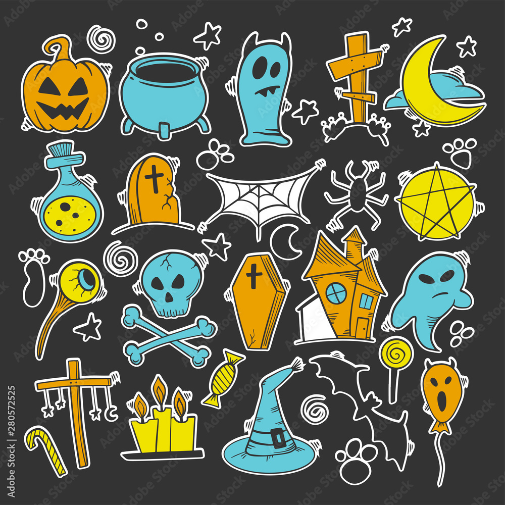 Halloween set. Pumpkin and cauldron. Vector concept in doodle and sketch style.