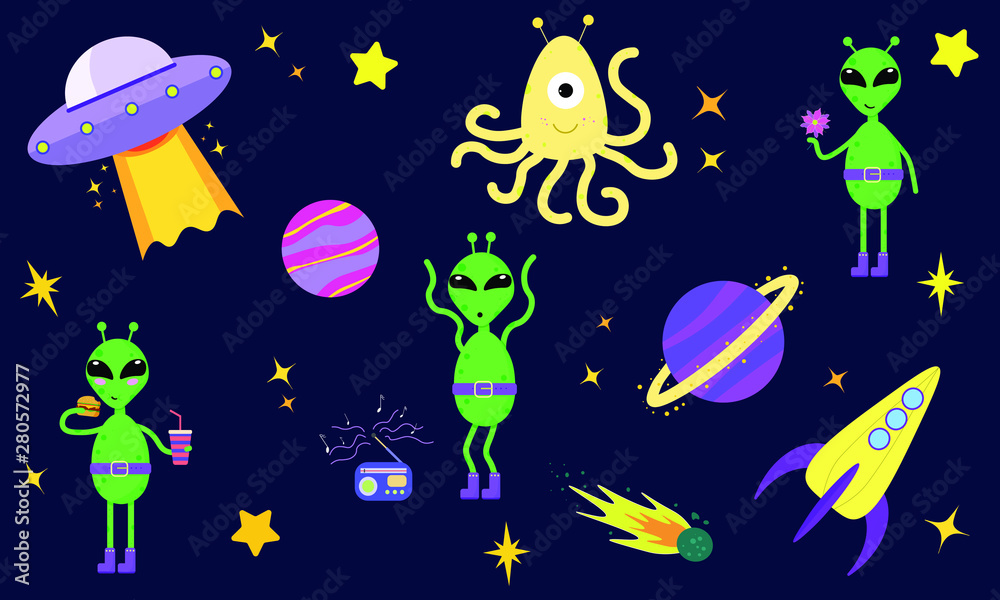 Vector illustration. Cute, cartoon set with aliens, rockets, stars, ufo, planets. Dark blue background. Vector illustration. Cute, cartoon set with aliens, rockets, stars, ufo, planets. Dark blue background.